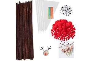 KIMMAX Pfeifenputzer Bastelset 350 Stück-50 Süßigkeiten Tüten,100 Pfeifenreiniger Braun,100 PomPoms und 100 Wackelaugen für Bonbons Kekse Weihnachtsgeschenke Dekorieren (Süßigkeiten Tüten 25x13cm)