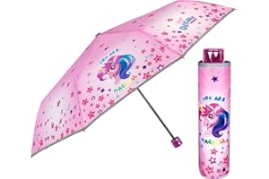 PERLETTI Ombrello Pieghevole Rosa con Stampa Unicorno per Bambina - Portatile con Stelle Colorate per Bimba - Ombrellino Multicolore Antivento Resistente con Dettagli Catarifrangenti - Diametro 91 cm