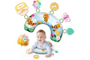 BOHEMIABY Bee Baby Tummy Time Pillow, Toddler Sensory Toys, Newborn Tummy Time Mirror with Removable Sunflower Mirror, Butterflies, Honey Pot Zipper Pockets Colorful Flowers for 0-24 Months Baby