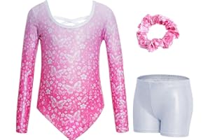 JiAmy Trykoty gimnastyczne dla dziewcząt ze skrzyżowanymi plecami, z długim rękawem, błyszczące, do tańca, z szortami, strój baletowy, dla 3-12 lat