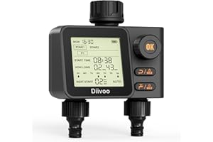 Diivoo Water Timer for Irrigation with Rain Sensor, Digital Sprinkler Timer 2 Outlets, Automatic Garden Watering Systems Controller With 6 Programs,Rain Delay for Outdoor Hose Tap Lawn Faucet