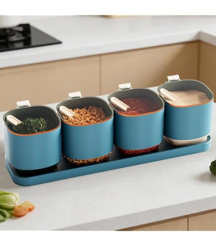 LELE LIFE Luftdichte Gewürzgläser aus Glas mit einziehbarem Löffel und Deckel, 4 Stück Gewürzbehälter, Gewürzgläser, 280 ml Zucker, Gewürzbehälter, Salzkeller-Box Küche, Haushalt & Wohnen