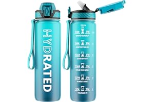 QLUR Water Bottle with Straw, 1L Drinks Bottle with Time Markings-Tritan BPA Free-Sports Water Bottle Leakproof with Lock Cover, Motivational Water Bottles for Gym, Hiking, Fitness, Yoga (1 Bottle)