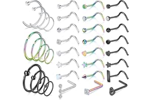 Rajnard Piercing Naso Borchie al Naso 20G Acciaio Chirurgico 21-36 Pezzi Argento Nero colorato a Forma di L e Spirale Anelli Naso Stud Donna Uomo Piercing Gioielli