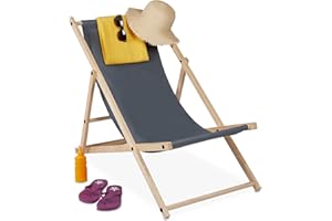 Relaxdays Leżak drewniany, drewniany leżak plażowy z obiciem z materiału, składany i regulowany, do ogrodu, na plażę i balkon, ciemnoszary