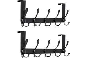 HONSKY Over Door Hook- Stylish,5 Triple Hooks Sturdy Over Door Hanger,Metal Durable Door Towel Rack for Hanging Coat,Clothes,Jacket,Black (2 Pack)