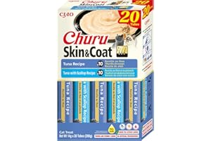INABA Churu Skin & Coat kremowe przysmaki dla kotów z Omega 3 Omega 6, tauryną i witaminą E, tuńczykiem 20 x 14 g, bez zbóż, bez cukru, bez produktów ubocznych, smakołyki dla kotów