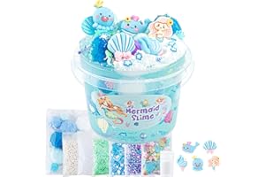 Okaybee 10 FL OZ Mermaid Slime Kit, Blue Clear Slime Bucket, Slime Party Favors for Kids, Glimmer Crunchy Slime Includes 9 Packs of Slime Add-ins, Stress Relief Slime Kit for Girls and Boys Ages 8-12