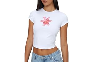 FELCIA Women's Y2K Baby Tees Casual Slim Fit Bow Fruit Graphic Print Crop Tops Summer Round Neck Cap Sleeve Going Out Tops