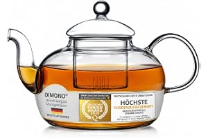 DIMONO® Tekanna i Glas med Filterinsats – Munblåst, 1500 ml | Handgjord borosilikatglas tekanna – diskmaskinsäker, reptålig o