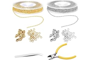 Carreneu 2 rollos de 5 m de cadena de eslabones dorados plateados, cadena de acero inoxidable por metros, con cierre de mosquetón y anillos de flexión, cadenas para manualidades con alicates y pinzas