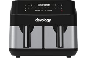 Devology Double Air Fryer, 10L, 2x5L Dual Zone, 50 Recipe Cookbook, 12 Cooking Programs, Digital LED Display, Two Zone,Healthy Oil-free Fryer, Non Stick, Dishwasher Safe Appliance