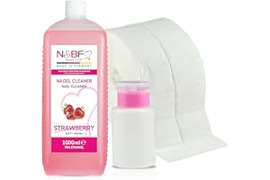 N&BF NAILS FACTORY Nagel Cleaner Erdbeer Duft 1000ml + Dispenser Pumpflasche Rosa + 1000 fusselfreie Zelletten | Nail Cleaner für Schwitzschicht & Feilstaub | 70% Ethanol | Nageldesign Set