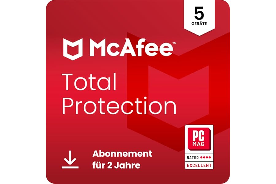 McAfee Total Protection (5 Geräte) 2025 | 2 Jahre | Secure VPN, Sicherheitssoftware mit Virenschutz,Kennwort-Manager, Identit