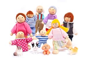 Homethrive Familia Casa de Muñecas Madera 13 Piezas Figuras de Casa de Muñecas con Gato y Perro Familia de Madera para Casa de Muñecas para Regalo de Casa de Muñecas