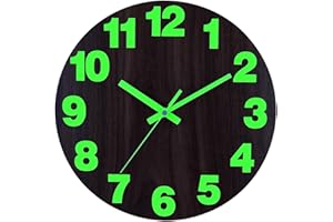 Plumeet Night Light Wall Clock, 12 Inch Wooden Glow in the Dark Clock for Bedroom, Silent Lighted up Wall Clock Luminous Numerals and Hands, Battery Operated for Living Room/Kitchen, Brown