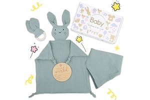 Heartsking Doudou Neonato, Set Regalo Neonato -100% Cotone Doudou, Bavaglino, Massaggia Gengive, Segno di Annuncio, Unisex Set Neonato Regalo Nascita per Neo Genitori(Verde)