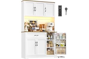 ‎FIRFURD FirFurd 180cm Küchenschrank mit LED & Gewürzregal Buffetschrank Sideboard für Küche mit Steckdosenleiste Küchenschrank mit Arbeitsplatte Küchenbuffet Küchenmöbel 180x100x38cm weiß