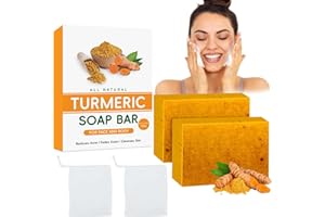 CEBOIC 2PCS Turmeric Soap Bar, Natural Handmade Kojic Acid Soap for Face & Body, Dark Spot Acne Blackheads Remover for Even Skin Tone, Moisturizing Erase Fine Lines, Gentle Vitamins C Soaps with Foaming Nets
