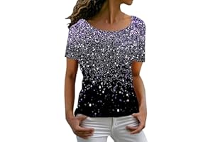 Iuyhau Womens Short Sleeve Sparkle Sequined Printed Tops Blouse Glitter Glam Sequin Print Top Casual Loose Sparkly Shimmer Party Tunic Top Party Clubwear Blouse Round Neck Trendy Shirts