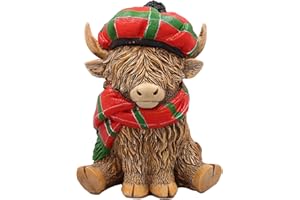 CUNEGRA Highland Cow Ornaments, Highland Cow Figurine with Red Tartan Scarf and Hat, Highland Cow Gifts, Cute Highland Cow Garden Ornament Table Centerpiece Living Room Accessories for Highland Cow Lovers