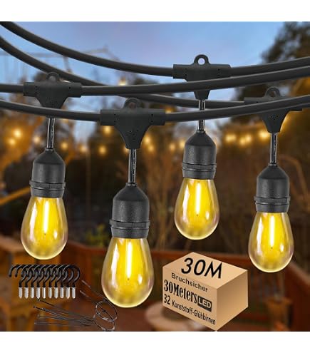 Luci Da Esterno A LED Infrangibili, 15m Con 26 Lampadine ST38 Vintage, 2700K, Calde, Impermeabili IP65 Per Giardino E Terrazza