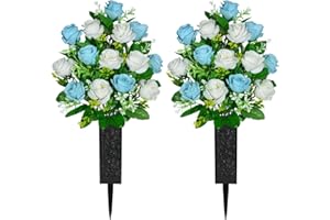 SIFOEL 2 Stück Künstliche Friedhofsblumen mit Vase, Künstliche Rose Grabdenkmal Blumen für Friedhof Grabsteine Dekoration (Light Blue&White)