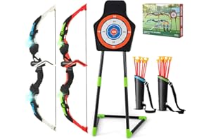 GOPLUS Arcs et Flèches Enfants, Ensemble Tir à l'arc à LED avec 20 Flèches à Ventouse, 2 Carquois, Cible détachable, Jeu de Tir Intérieur Extérieur pour Garçons et Filles 3 à 12 Ans