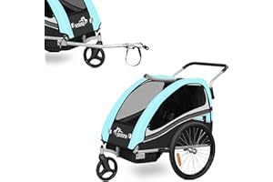 SAMAX Remolque de Bicicleta para Niños 360° girable Kit de Footing Transportín Silla Cochecito Carro Suspensíon Infantil Carro en Turquesa - Black Edition
