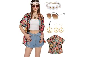 KASAHARA Hippie Oberteile Damen Hawaii Outfit Bluse Kostüm Set Flower Power 80er Hemd Frauen 90er Jahre Vintage Shirt 70er Bekleidung Lässig Retro Tops Karneval Faschingskostüm