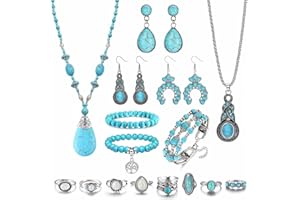Diamday Bohemian Türkis Schmuck Set,Anhänger Halskette, Boho Türkis lange Halskette, Türkis Drop Dangle Ohrringe, Multi-Layer Wraps Armband, Türkis Ringe Set für Frauen Mädchen Boho Schmuck Set