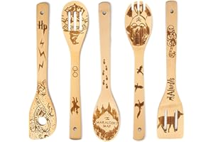 SoeUyd 5 Pièces Drôle de Harry Cuillère en Bois de Cuisine, Ustensiles de Cuisine, Spatule, Naturel et Durable, Fabriqué en Bambou de Haute Qualité, Convient à la Famille et Aux Amis