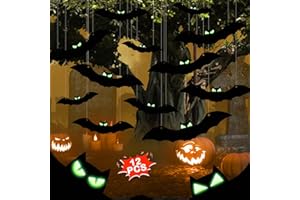 CAREIGN 12PCS Halloween Decorations Hanging Bats, Halloween Decorations Outdoor Flying Bat Hanging with Glowing Eyes for Halloween Decor Yard Party Decoration Supplies