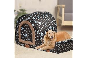 XPNIT Extra Large Jumbo Dog Bed House,Calming Dog Kennel with Curtain Foldable 2-In-1 Dog Sofa Cushion Warm Pet Shelter Washable (L-60 * 48 * 43cm,Pattern-B)