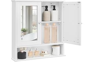 VASAGLE Bathroom Cabinet with Mirror, Wall Cabinet with 2 Mirrored Doors and Open Compartment, Adjustable Shelf, Wall-Mounted, 13 x 56.5 x 58.5 cm, White LHC002