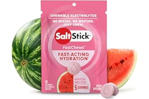 SaltStick Fastchews Watermelon Zip Pack 10 Electrolyte Chewable Tablets with Salt, Minerals (Sodium, Potassium, Calcium, Magnesium) and Carbohydrates, 33g