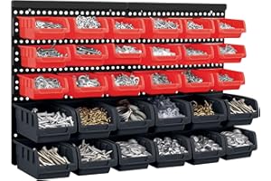 EVERGOODS 30Pcs Wall Mounted Storage Bins Backboard DIY Stackable Workshop Storage for Tools Hardwares Crafts 64 x 41cm Plastic Bin Panel Rack with Screws for Tool Shed Garage Workshop (Red+Black)