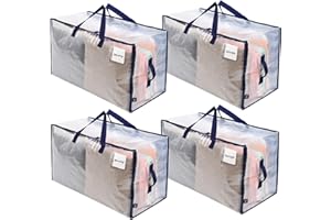 VENO 4 Pack Heavy-Duty Oversize Large Storage Bag Organizer with Zips and Tag Pocket for Moving, Clothes Storage, Laundry Bag, Packing, House Solutions, Sustainable, Water-Resistant (Clear, 4 Pack)