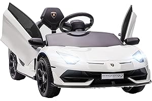 HOMCOM Kinder Elektroauto 12V Elektrisches Kinderfahrzeug, Lamborghini Aventador SVJ Roadster Elektrofahrzeug inkl. 2,4G Fernbedienung, Kinderauto mit MP3-Player, Hupe, Licht, für 3-5 Jahre, Weiß