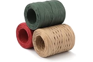 AIEX 3 Rotoli Nastro di Rafia, 100m Nastro di Carta Rafia per Progetti di Bricolage Nastro di Rafia per Confezioni Regalo Fai Da Te Decorazione di Festival (Colore Verde, Rosso, Kraft)