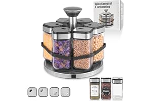 LXUDN Gewürzregal Mit 6 Gewürzgläser,Gewürzkarussell Drehbar 360°,Gewürz Organizer,Gewürzständer Mit Gläsern,Spice Rack,Gewürzdosen Mit Multifunktionale Drehbare Abdeckung