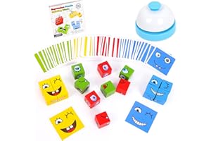 Outtshop Face Changing Magic Cube Game, Wooden 3d Puzzle Face-Changing Magic Cube with Bell, Expression Puzzle Building Blocks Pattern Matching Game for Kids and Adults