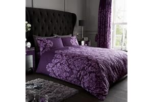 GC GAVENO CAVAILIA Gaveno Cavailia Empire Damask King Duvet Set Purple Reversible Easy Care Cotton Blend 3 Piece Bedding | 1 Quilt Cover + 2 Pillow Cases | Button Closure | Machine Washable