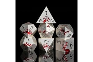 HNCCESG - Set di dadi in metallo poliedrici, 7 pezzi, drago, metallizzati, per giochi di ruolo da tavolo come Dungeons e Dragon RPG (argento opaco e rosso)