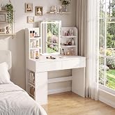 JUMMICO Makeup Vanity with Mirror and LED Lights with Adjustable Brightness | Modern Dressing Table with 2 Drawers, Sideboard