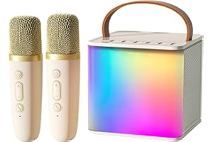 Wowstar Karaoke Machine 2 Wireless Microphones for Kids & Adult, Portable Bluetooth Karaoke Machine Speaker With Voice Changing Effects & LED Light for Home Karaoke Birthday Party (Beige)