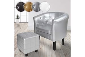 MIADOMODO Sillón Chesterfield con Reposapiés | Tapizado en Cuero Artificial con Patas de Madera, Color a Elegir | Butaca de Piel Sintética para Dormitorio y Salón, Sofá Chester 1 Plaza (Plateado)
