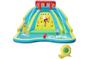 GOPLUS Aufblasbare Hüpfburg, Wasserpark mit Großer Kletterwand, 2 Langen Rutschen, Planschbecken & Wasserkanone, Wasserspielcenter für 3-8 Jahre Kinder, 452x365x233 cm (Symmetrie, Mit Gebläse)