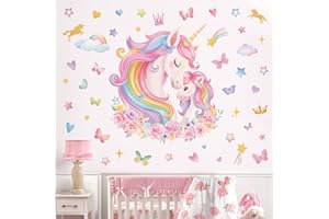 wondever Pegatinas de Pared Infantiles Unicornio Arcoiris Adhesivos Pared Decorativos Unicornio Flore Nubes Vinilos Pared para Habitación Niñas Bebés Guardería