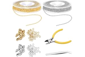 EXIN DEHCEN 5M/Rollo Cadenas para Bisuteria Con 40 Cierres De Langosta Y 100 Anillos De Salto, Cadena para Collar Con Alicates De Corte, Pinzas Cadena De Collar DIY para Fabricación De Joyas, Oro, Plata
